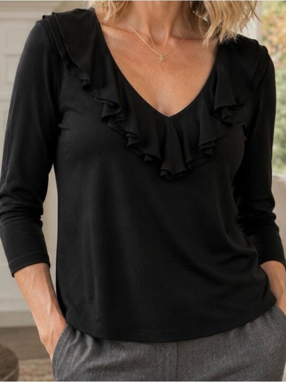 Lauren Ralph Lauren Classic Chic Black Ruffle V-Neck Long Sleeve Top Size 2X